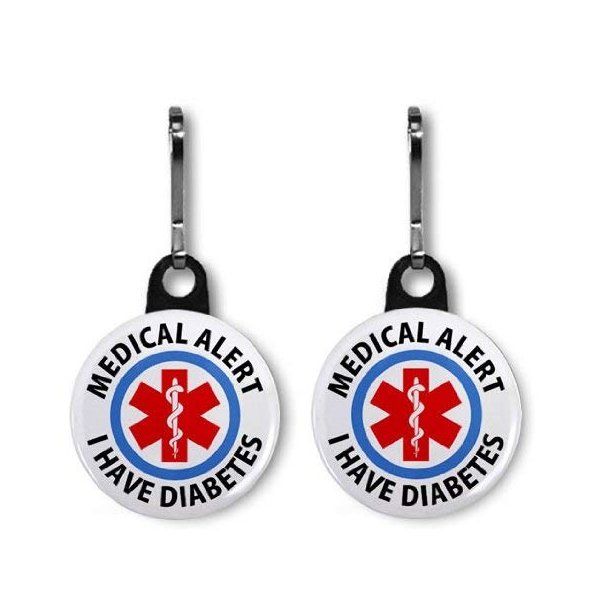 I Have Diabetes Medical Alert 2-Pack 1 inch Zipper Pulls