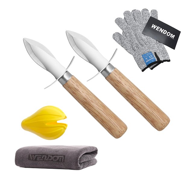WENDOM Oyster Shucking Knife Wooden Handle Shucker Opener Tools and Cut Resistant Level 5 Protection Gloves Set Seafood Kit(1cloth+1lemon squeezer)