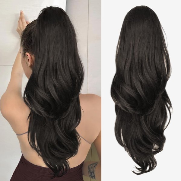 CHRSHN Ponytail Extension, Drawstring Ponytail Extension for Women 26 Inch Long Dark Brown Wavy Layered Pony Tails Hair Extensions Synthetic Clip in Ponytail Hairpiece for Women