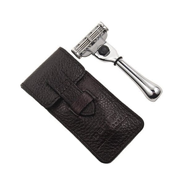 Parker Safety Razor's Chrome Handle Travel Mach 3 Razor - Genuine Leather Case Included