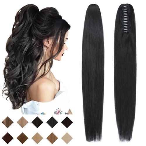 SEGO Claw Clip Ponytail Extension Human Hair Clip in Ponytail Hair Extensions Real Human Hair Pony Tails Hair Extensions Long Straight For Women 20 Inch Jet Black 120 Gram
