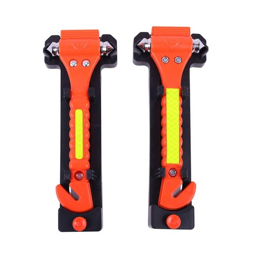 GoDeCho 2 PCS Car Safety Hammer Emergency Escape Tool with Seat Belt Cutter and Vehicle Window Glass Breaker with Light Reflective Tape Red