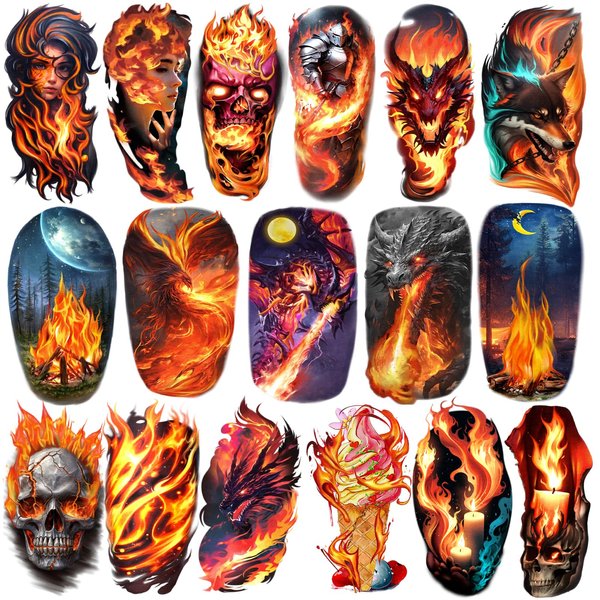 Temporary Tattoos for Adults, Fire Dragon Flame Fake Tattoos 77 Sheets for Men Women Teens Youth, 17 Sheets Half Arm Tattoos and 60 Tiny Tattoos for Body Make Up