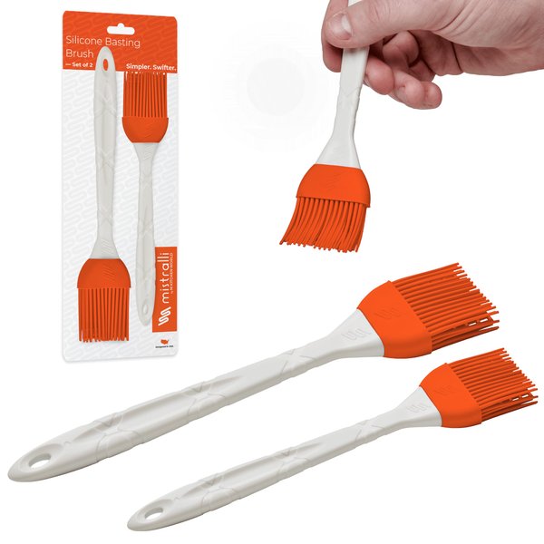 M KITCHEN WORLD Silicone Pastry Brush for Cooking 2 Pieces - Rubber Basting Brush with Grid, Kitchen Brushes Utensils for Food Sauce Butter Oil BBQ Spreading - Orange