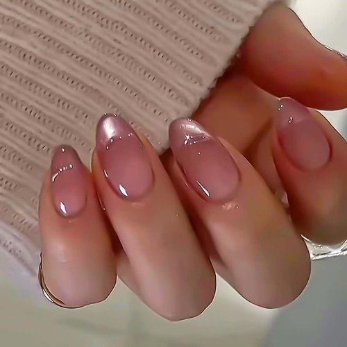 Rchovsam Cat Eyes Press on Nails Almond Medium Fake Nails French Cat Eye False Nails with Design Glue on Nails Acrylic Stick on Nails Full Cover Gel Nails for Women Girls 24pcs