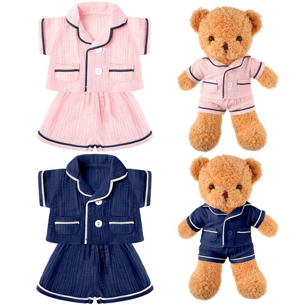 2 Sets Bear Clothes Stuffed Animal Clothes Bear Accessories Pink and Blue Bear Pajamas Clothes Double Layer Muslin Short Sleeve Top and Bottom Pajamas Fits Most 14-18 Inch Bears