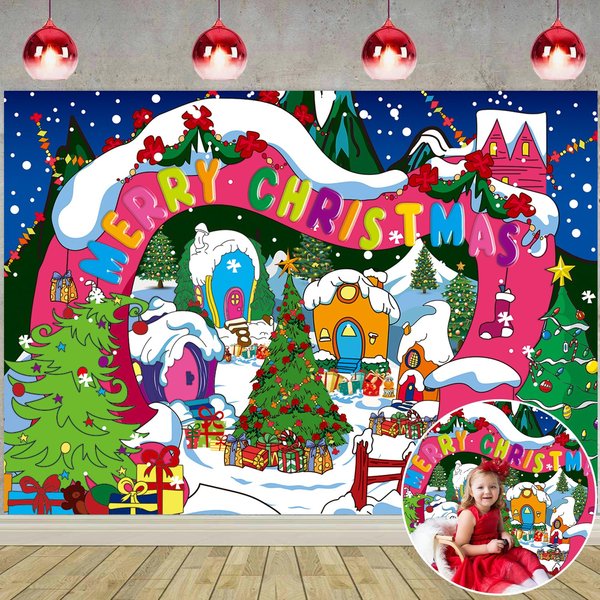 Welcome to Whoville Backdrop Winter Xmas Tree Christmas Village Photography Background Xmas Fairy Tale Animated Kids Holiday Party Decoration Banner (10X8FT(120 x 96 inch))