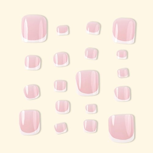 Pink Press on Toes Nails French Tip Fake Toenails Short Glue on Toenails with White French Tip Designs Square False Nails White Tip Stick on Toenails for Women Full Cover Glossy Acrylic Toe Nails
