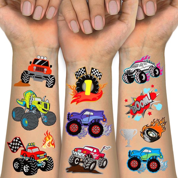 Temporary Tattoos for Kids, 75 PCS Truck Fake Tattoos for Birthday Party Favor- Silver Metallic Styles Tattoos | Monster Truck, Car Racing, Checkered Flag, Flames Tattoo for 5 6 7 8 Years Boys Girls