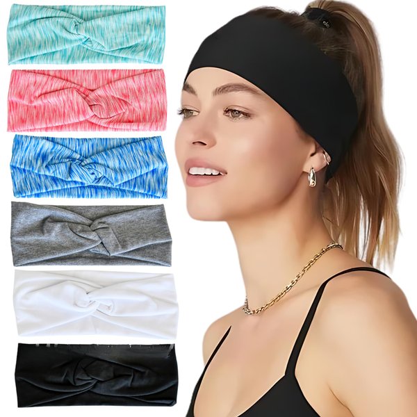 LOTUS78 Headbands for Women, Fashionable Sports Hairbands, Elastic Wide Headbands, Non-Slip Workout Yoga Sports Headbands for Women, Pack of 6 (Element)