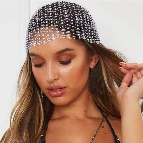 JEAIRTS Rhinestone Mesh Headband Sparkly Wide Head Scarfs Stretchy Crystal Nightclub Headwrap Rave Costume Hair Accessories for Women and Girls (2-White)