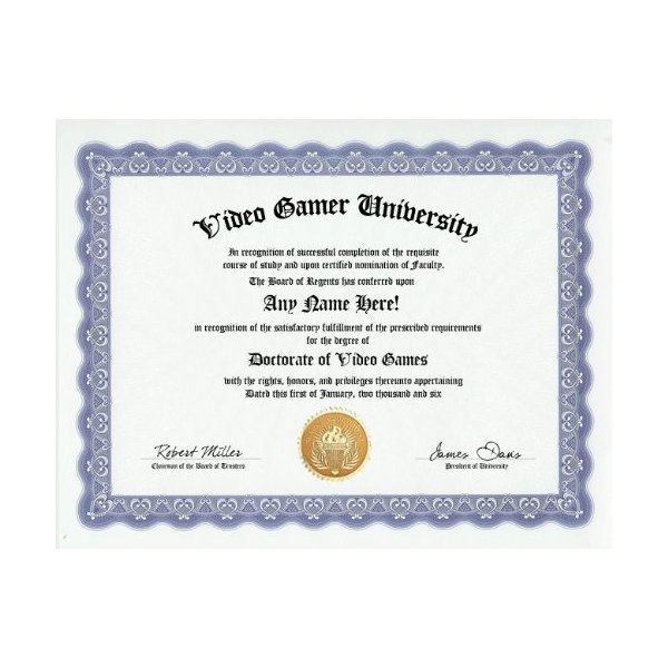 Video Game Videogame Gamer Degree: Custom Gag Diploma Doctorate Certificate (Funny Customized Joke Gift - Novelty Item)