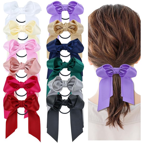 Dizila 12 Pieces Silky Satin Bow Hair Ties Scrunchies with Long Ribbon Ponytail Holders Hair Bows Elastics Ropes Accessories for Women Girls Teens Kids
