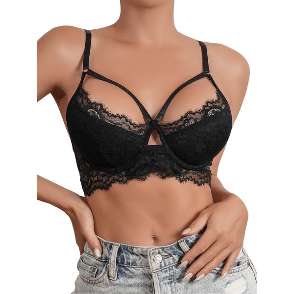SOLY HUX Bras for Women Sexy Lace Cut Out Underwire Bra Everyday Bralette Solid Black M