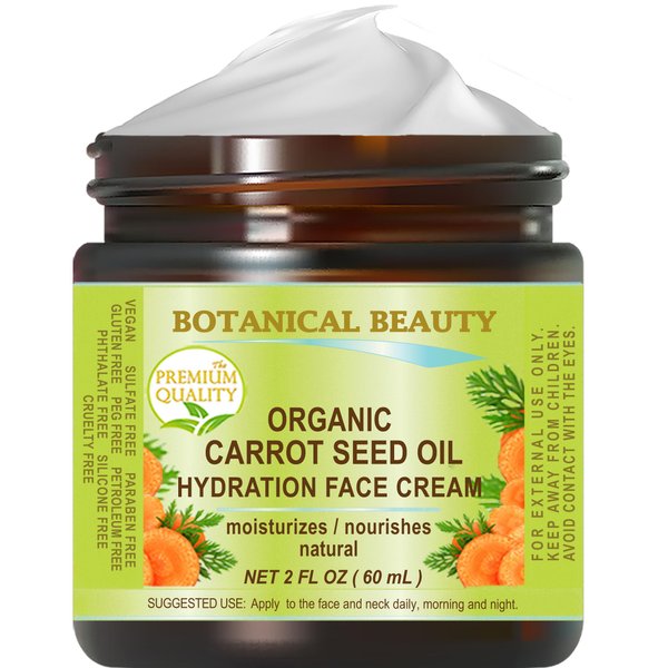 Botanical Beauty Organic CARROT SEED OIL HYDRATION FACE CREAM for NORMAL, DRY, SENSITIVE SKIN. Protection Against DRYNESS. 2 Fl. oz - 60 ml.