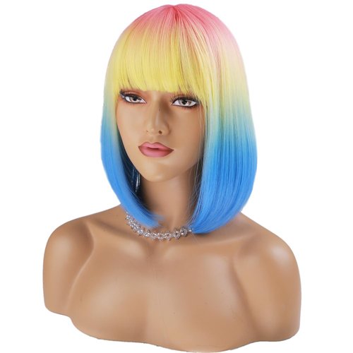incohair Rainbow Ombre Bob Wigs for Women,12 Inches Short Straight Hair Wig with Bangs Synthetic Wig Colored Cosplay Wigs for Daily Party (Pink/Yellow/Blue)
