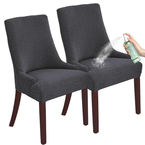 KELUINA Jacquard Waterproof Stretch Wingback Chair Cover Slipcover - Reusable Protector Cover for Dining Room Banquet Home Decor etc Machine Washable Hand Washable (Dark Grey,2PC)