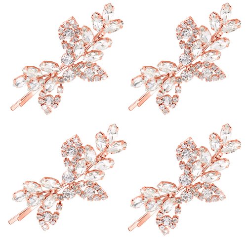 4 Pieces Rhinestone Bridal Hair Clip Leaf Wedding Hairpin Bride Pearl Crystal Hair Clips Rhinestone Barrette Elegant Bridal Hairpins Hair Accessories for Women Girls(Rose Gold,Rhinestone Style)
