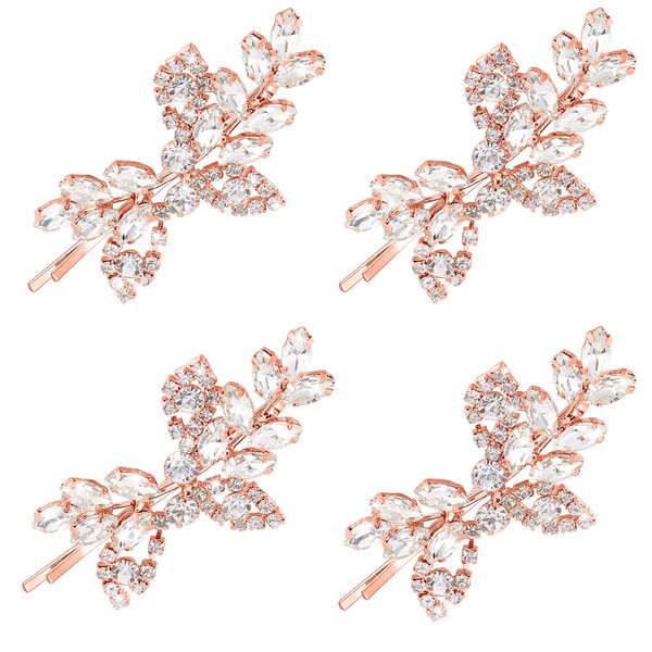 4 Pieces Rhinestone Bridal Hair Clip Leaf Wedding Hairpin Bride Pearl Crystal Hair Clips Rhinestone Barrette Elegant Bridal Hairpins Hair Accessories for Women Girls(Rose Gold,Rhinestone Style)
