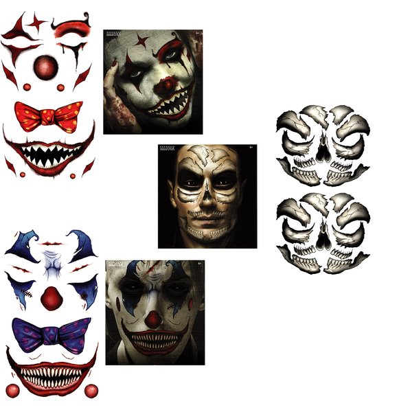 Halloween Realistic Temporary Costume American Made Make Up Face/Body Tattoo Kit Men or Women - (Scary JOKER , Confused Clown, Skull) - 3 Kits