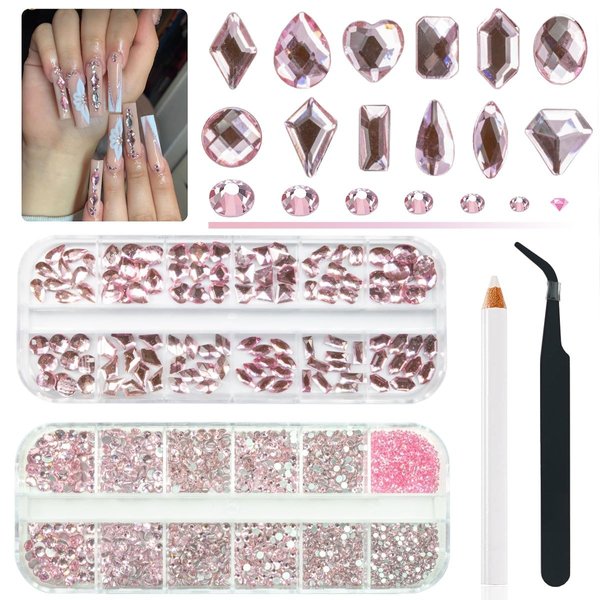 qiipii 3080Pcs Pink Nail Rhinestones 120 Multi Shapes Flatback Rhinestones Big Gems +2960 Light Pink Round Beads K9 Glass Stones Diamonds jewels Crystals for Nails Faces Eyes Makeup Clothes Crafts DIY