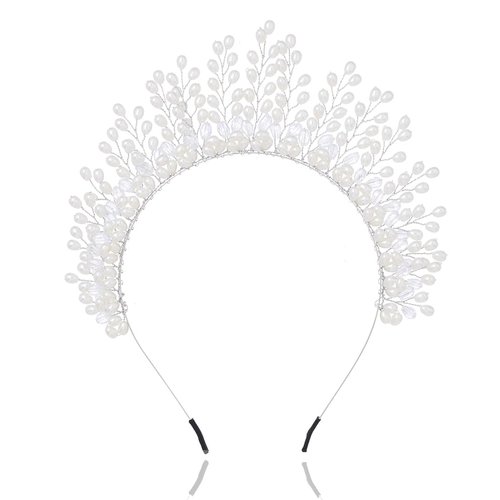Formery Pearls Halo Crown Headpiece Silver Crystal Goddess Costume Tiara Headband Wedding Festival Photo-shoot Handmade Pearl Bridal Hair Accessories for Women and Girls