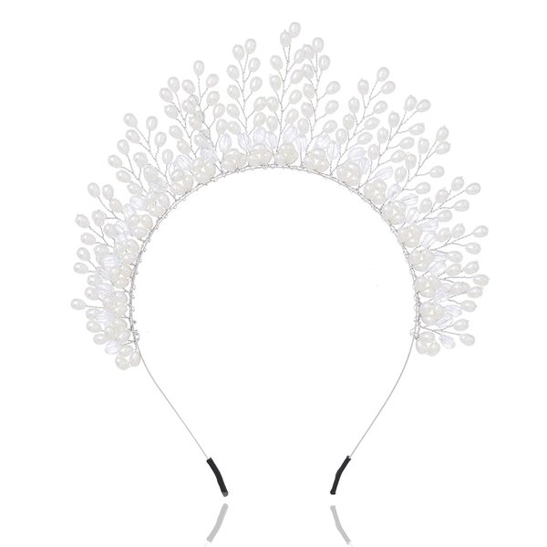 Formery Pearls Halo Crown Headpiece Silver Crystal Goddess Costume Tiara Headband Wedding Festival Photo-shoot Handmade Pearl Bridal Hair Accessories for Women and Girls