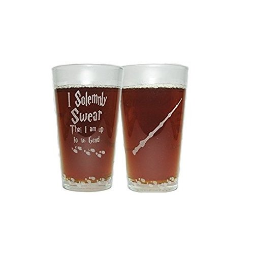 Orange Kat I Solemnly Swear That I Am Up To No Good with Elder Wand and Mischief Managed 16oz. Pint Glass