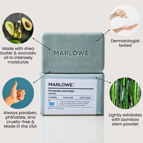 MARLOWE. No. 108 Polishing Soap Bar, 7oz (3 Bars) Lightly Exfoliating, Moisturizing & Cleansing Bar Soap for Men, Made with Natural Ingredients