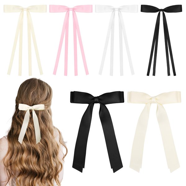 Tihebax 6Pcs Hair Bows for Women Hair Ribbons for Women Coquette Bows Lazos Coquette Long Hair Ribbons for Women Satin Bow Hair Clips Ribbon Bows for Hair Moños Coquette Beige Pink White Black