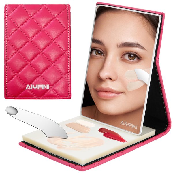 Makeup Foundation Mixing Palette Kit - Alyfini Quilted Leather Foldable Compact Travel Mirror with 100 Disposable Mixing Sheets,Spatula Applicator Tool for Beauty Cosmetics Color Mixer Nail Concealer