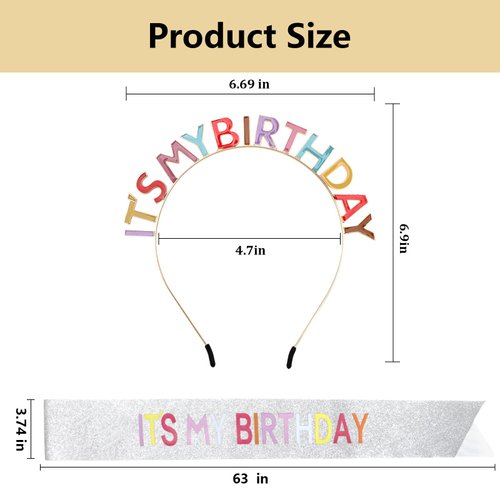 BAHABY Birthday Crowns for Women IT'S MY BIRTHDAY Sash & Birthday Headband Set Princess Birthday Sash and Tiara Birthday Gifts for Women Girls Sweet Happy Birthday Accessories for Party- Multicolor