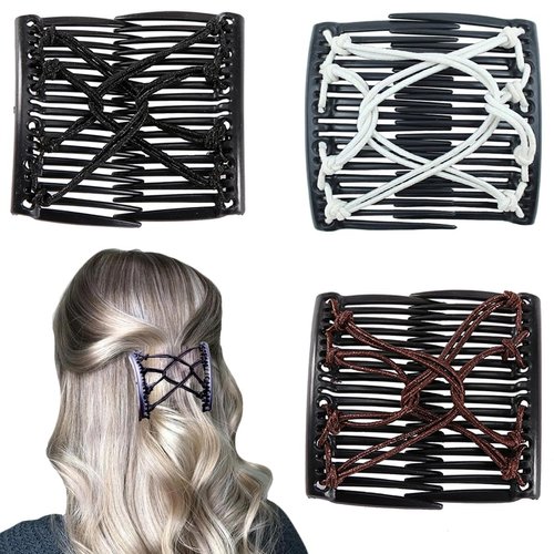 3 Pieces Elastic Magic Hair Comb Clips Stretchy Double Comb Hair Forks for Women Girls Vintage Hairstyle Multipurpose Hair Accessories (Silver Style-White Black Coffee)