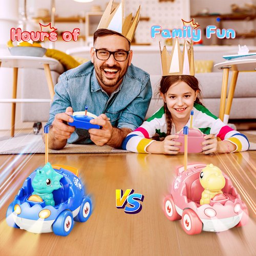 2 Pack Remote Control Car Toys for Girls 2 3 4 Years Old, Race Cars for Toddlers, Dinosaur Toys for Kids 2-4, RC Car Toys with Music, Birthday/Xmas Gifts for Kids, Girls(Pink Blue)