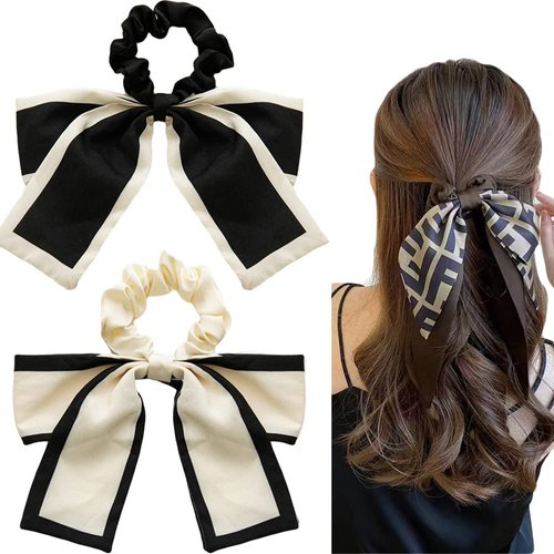 2Pcs Black Beige Hair Scarf with Ribbon Bow Scrunchies for Women Girls, Bow Scrunchies for Hair, Ribbon Hair Ties with Bow, Chiffon Hair Ribbon Short Hair Bands Ties Ponytail Holder (black/beige)