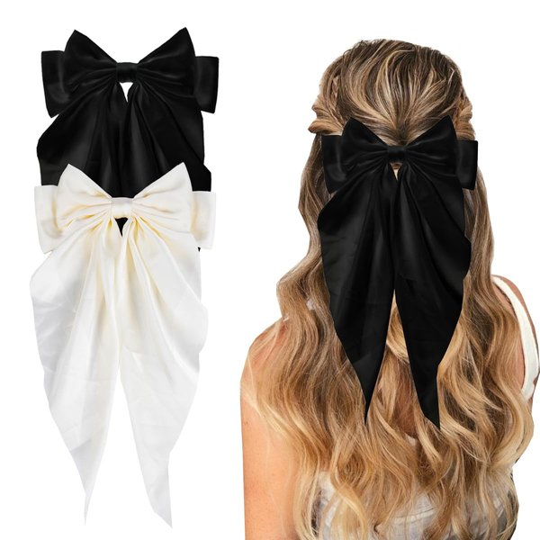 NYXXZ 2 Pcs Hair Bow for Women, Ribbon Hair Clips Long Tail Big Bow Hair Clips for Girls, Satin Bow Clips, Lady Barrettes Hair Clips Hair Accessories (Black and White)