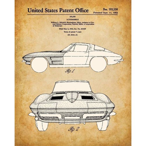 Original Corvette Patent Art Prints - Set of Four Photos (8x10) Unframed - Makes a Great Man Cave Decor and Gift Under $20 for Corvette Owners and Car Enthusiasts