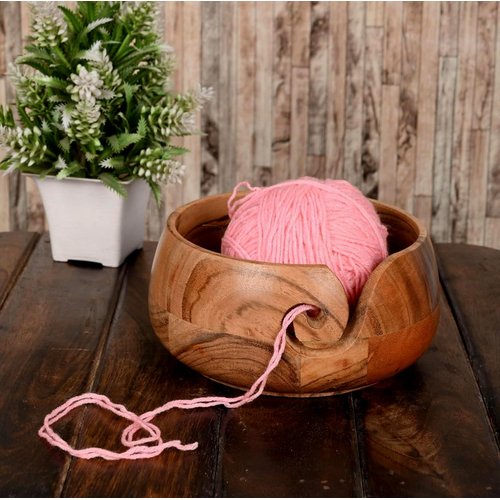 Samhita Acacia Wood Wooden Yarn Bowl for Crocheting & Knitting Hand Made by Indian Artisans Birthday Gifts for Mom & Knitting Lovers (6" x 6" x 3")