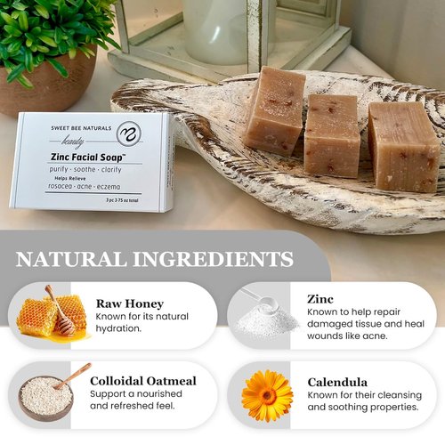 Sweet Bee Naturals Beauty Zinc Facial Soap – Smoothing and Moisturizing Face Wash for Sensitive, Acne-Prone Skin, Redness & Rashes – With Zinc, Honey and Hydrating Formula – 3.75 Ounce