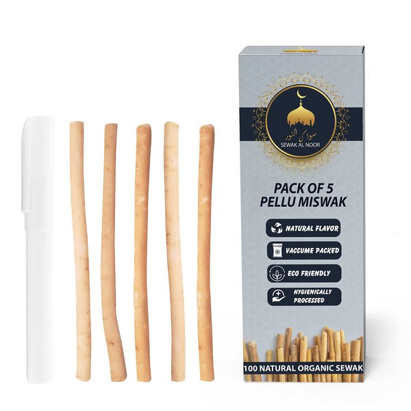 Sewak Al Noor Pack of 5 Miswak Sticks for Teeth with Holder - Vacuum Sealed Natural Flavored Chew Sticks for Humans - Natural Toothbrush for Teeth Whitening, Oral Health & Fresh Breath || Pack of 5