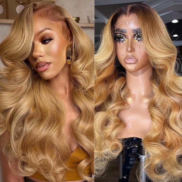 Ombre Honey Blonde 13x6 HD Lace Front Wigs Human Hair 26 Inch Body Wave Human Hair Lace Front Wigs Pre Plucked Remy Hair Curly Chocolate Brown to Honey Blonde Lace Frontal Wigs for Black Women
