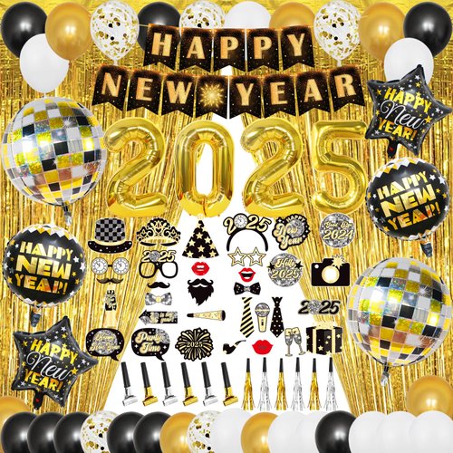 YQUQWN 84 PCS Happy New Year Decorations Set 4D Disco Ball Balloons Happy New Year Banner 2025 Black Gold Party Decorations New Years Eve Party Supplies 2025 New Years Eve Decorations Fringe Curtain
