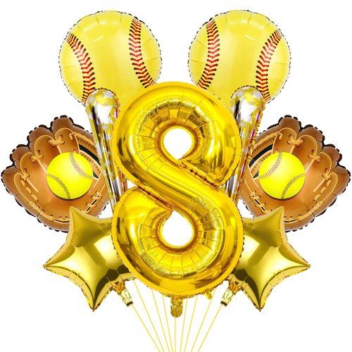 9pcs Softball Balloons, Softball Birthday Number Mylar Foil Balloon Softball Birthday Party Supplies Softball Birthday Decorations (8th)