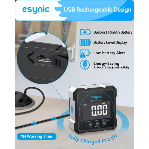 eSynic High Precision Digital Angle Finder with Laser IP54 Waterpoof 4 Side Magnetic Digital Inclinometer Large LCD Display Rechargeable Angle Finder Tool (Laser Level Class II, Output<5mW)