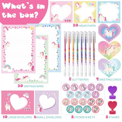 Unicorn Stationary Set - 98Pcs Kids Stationery Kit for Girls Ages 6,7,8,9,10-12 Years Old, Letter Writing Kit with Envelopes, Paper, Cards, Girls Toys 8-10 Birthday Gift - Unicorns Gifts for Girls