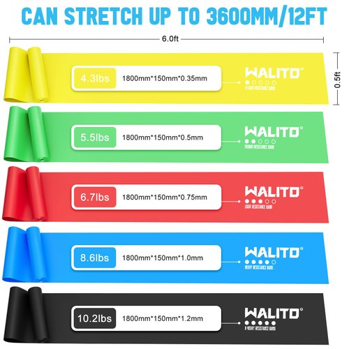 Walito Exercise Bands, 5FT Extra Long Physical Therapy Band, Non-Latex Resistance Bands for Home Exercise, Workout, Strength Training, Yoga, Pilates, Rehab, Gym, Elastic Band for Upper and Lower Body