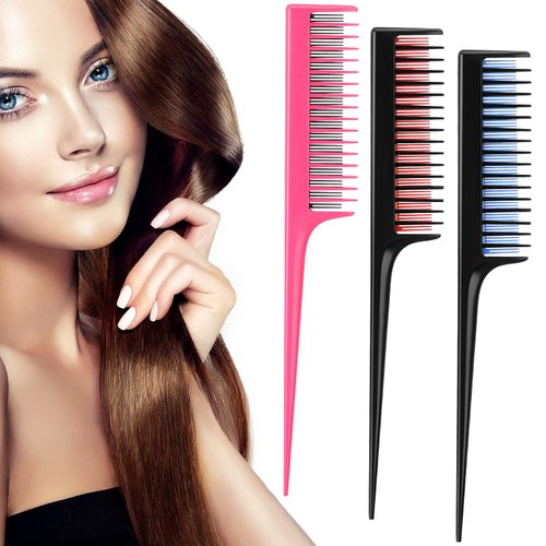 Leinuosen 3 Piece Triple Teasing Comb Rat Tail Tool and Structure Tease Layers Rattail for Women Back Combing Root Adding Volume Evening Styling (Black Red, Black Blue, Pink Black)