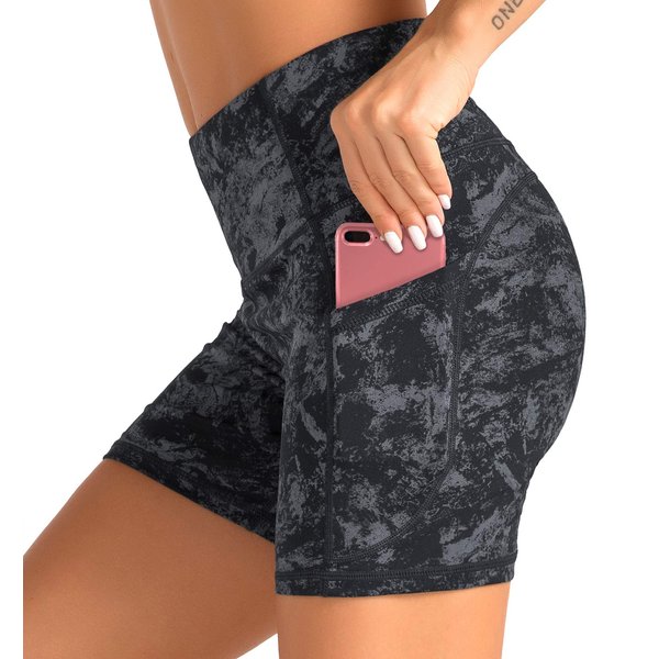 Dragon Fit High Waist Yoga Shorts for Women with 2 Side Pockets Tummy Control Running Home Workout Shorts (Medium, Carbon Grey Marble)