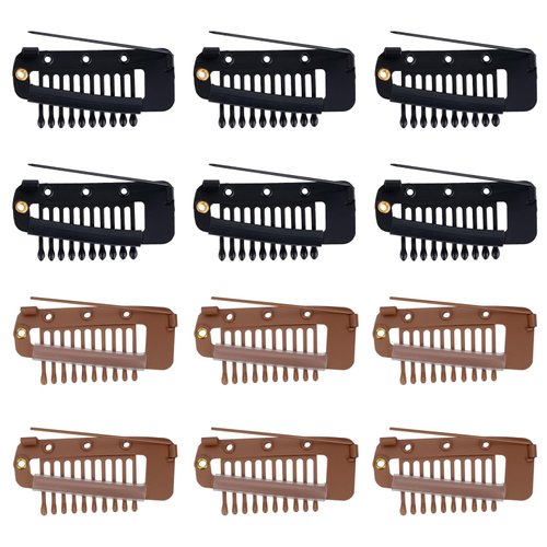 12pcs Wig Clip with Safety Pins, 10-Teeth Hair Extension Snap Invisible Wig Combs to Secure Wig No Sew Chunni Grip Dupatta Clips for Girls Women Wig Headscarf Hijab & Tikka (Black, Brown)