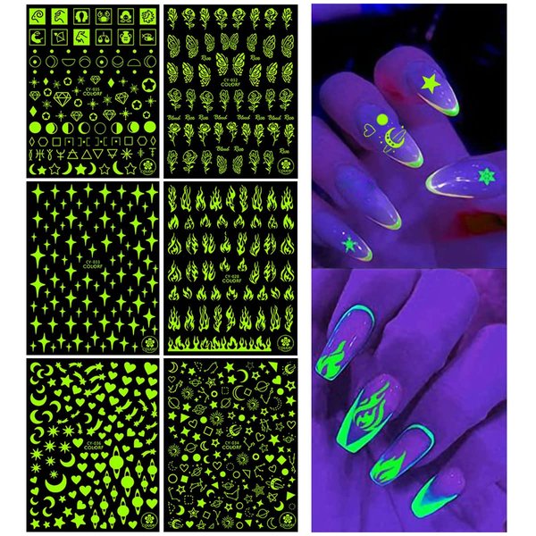 6 Sheets Nail Art Stickers Luminous Nail Art Supplies 3D Self-Adhesive Nail Decals Flame Star Moon Heart Butterfly Rose Flower Designer Nail Stickers for Women Design Manicure Art Decorations